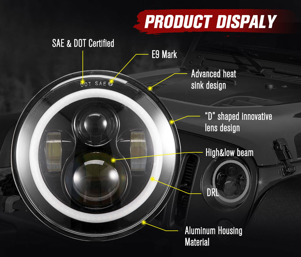 LIGHTFOX Pair 7Inch Angel Eyes LED Headlights for Jeep Wrangler GQ Patrol