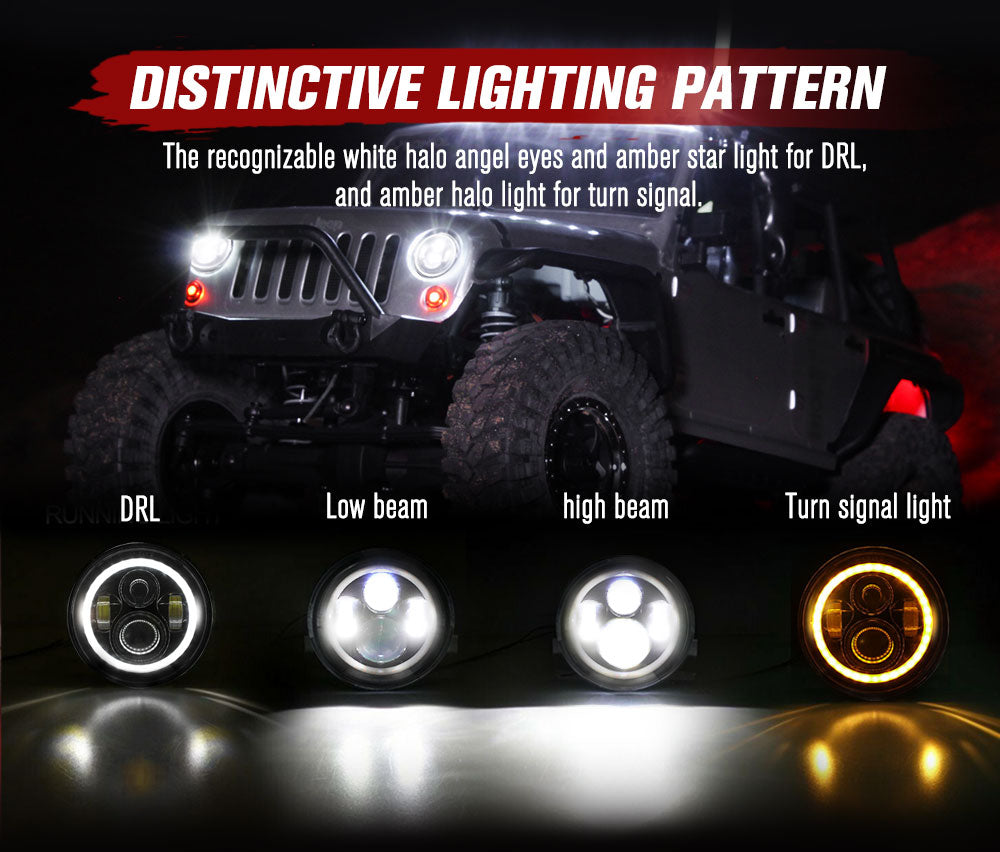 LIGHTFOX Pair 7Inch Angel Eyes LED Headlights for Jeep Wrangler GQ Patrol