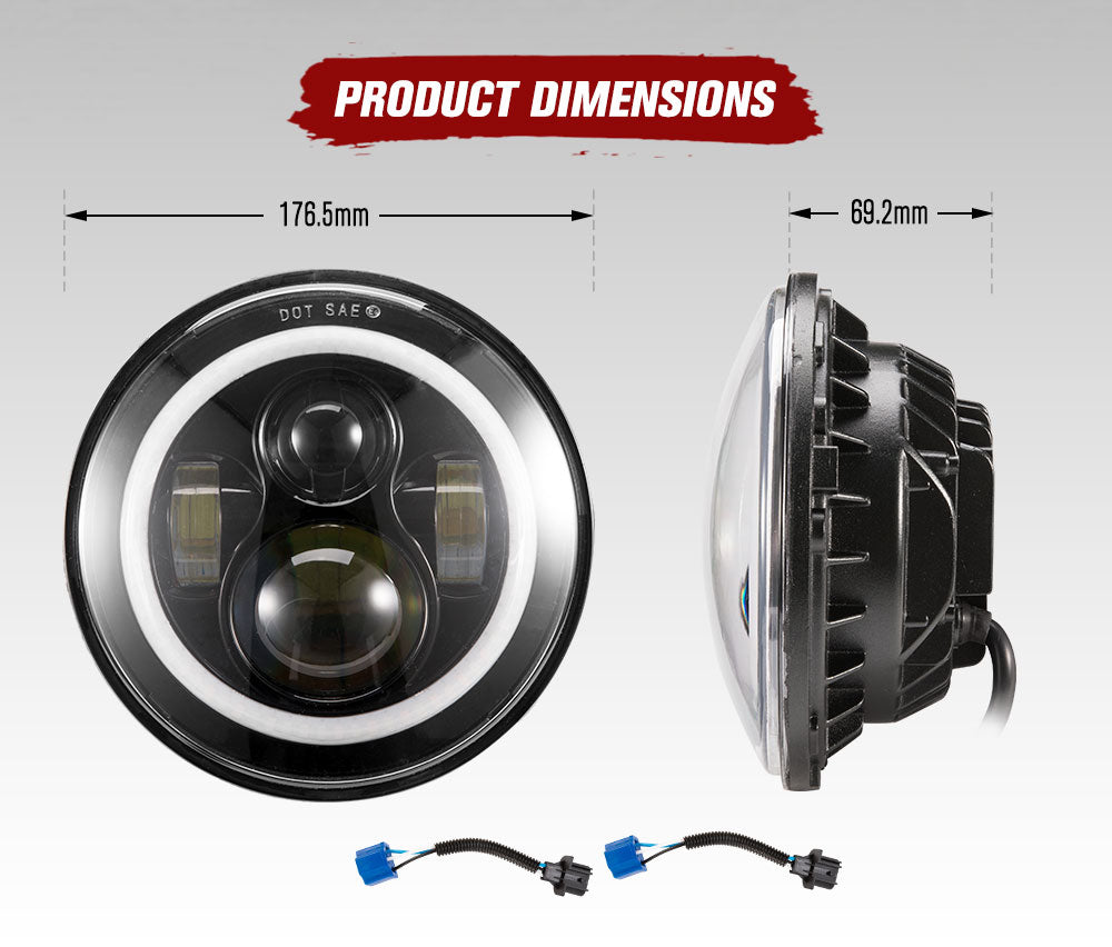 LIGHTFOX Pair 7Inch Angel Eyes LED Headlights for Jeep Wrangler GQ Patrol