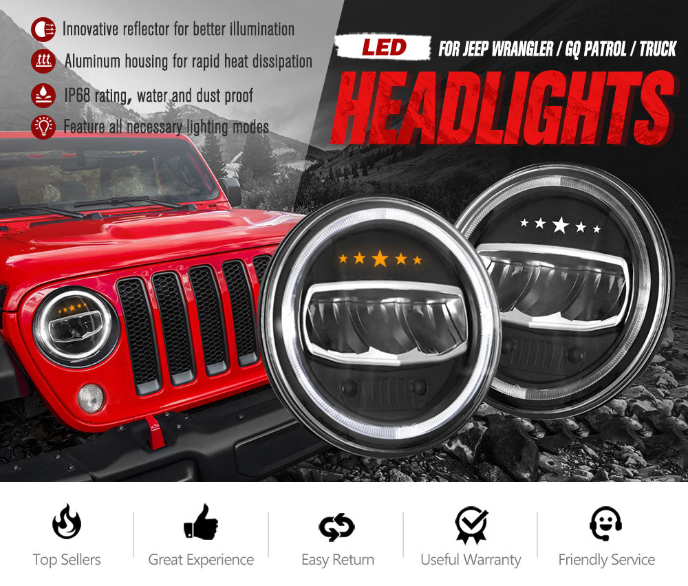 2x 7 inch LED Headlights Halo Hi-Lo Angel Eyes for Jeep Wrangler JK Patrol GQ