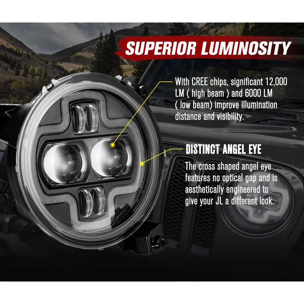 LIGHTFOX Pair LED Headlights for Jeep Wrangler JL 2018-ON