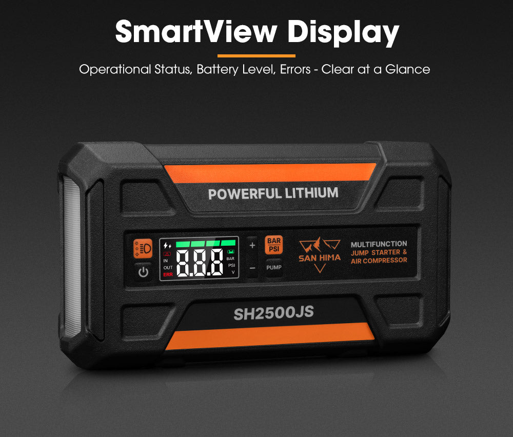 San Hima Jump Starter With Air Compressor 2500A Portable 12V Power Bank Pack