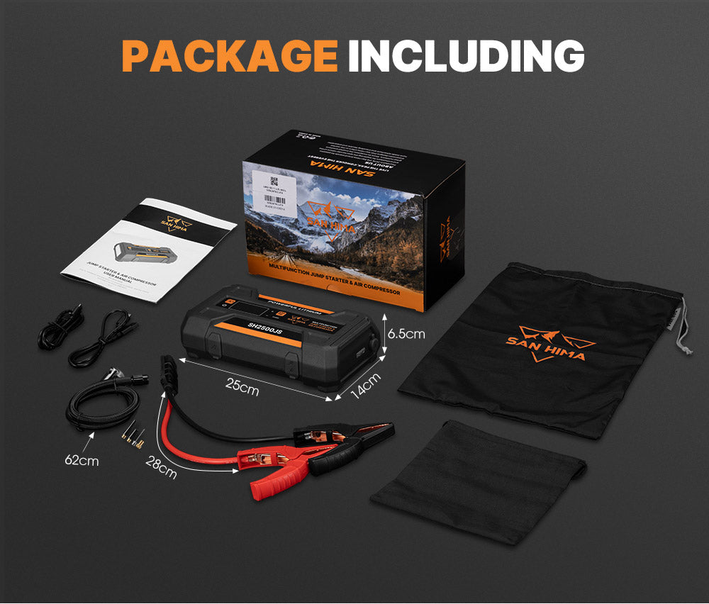San Hima Jump Starter With Air Compressor 2500A Portable 12V Power Bank Pack