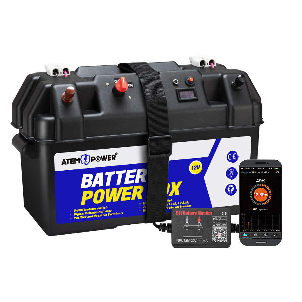 ATEM POWER 12V Battery Box w/ Monitor Portable Deep Cycle Batteries Type C Quick Charge USB
