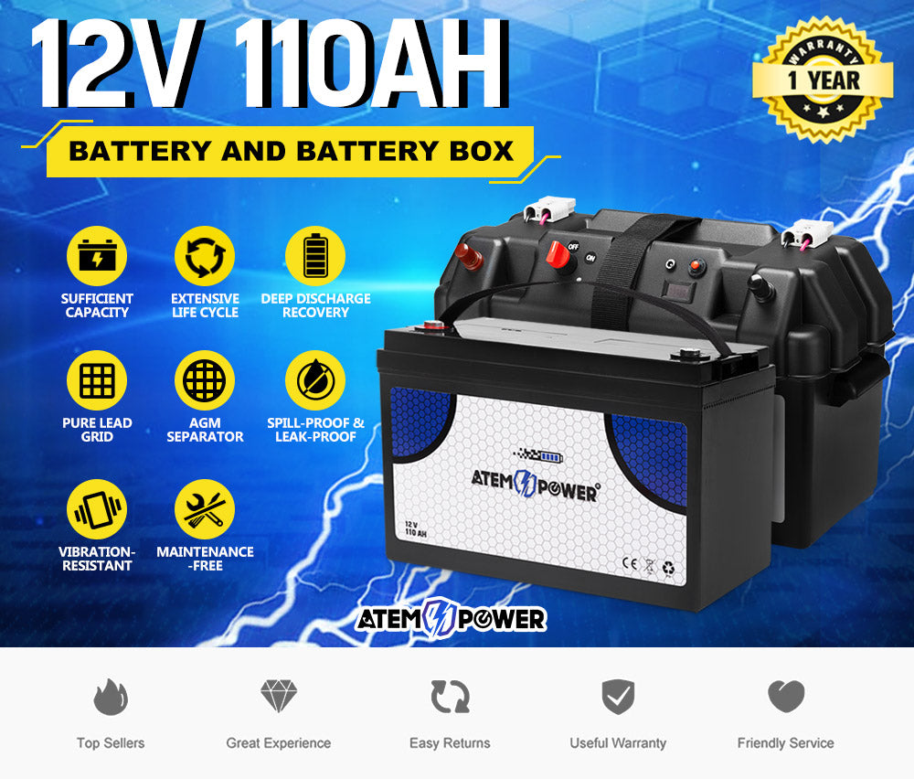 ATEM POWER 110AH 12V AGM Battery AMP Hour SLA Deep Cycle Dual Fridge with Battery Box