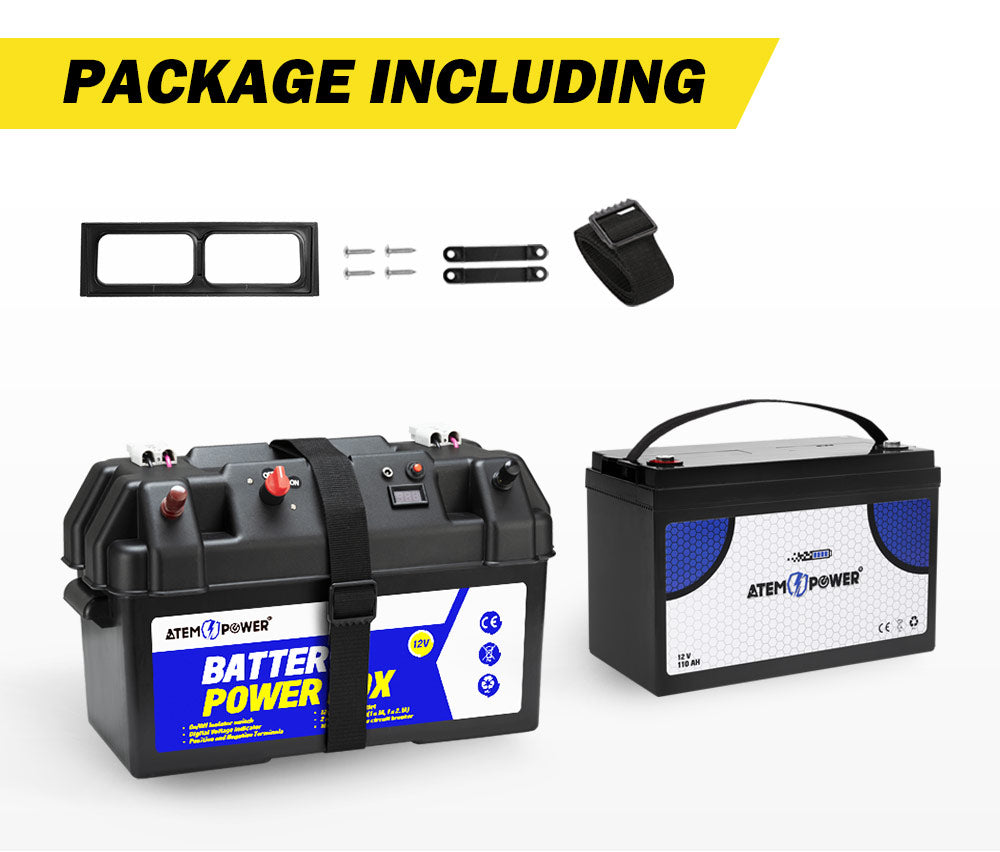 ATEM POWER 110AH 12V AGM Battery AMP Hour SLA Deep Cycle Dual Fridge with Battery Box
