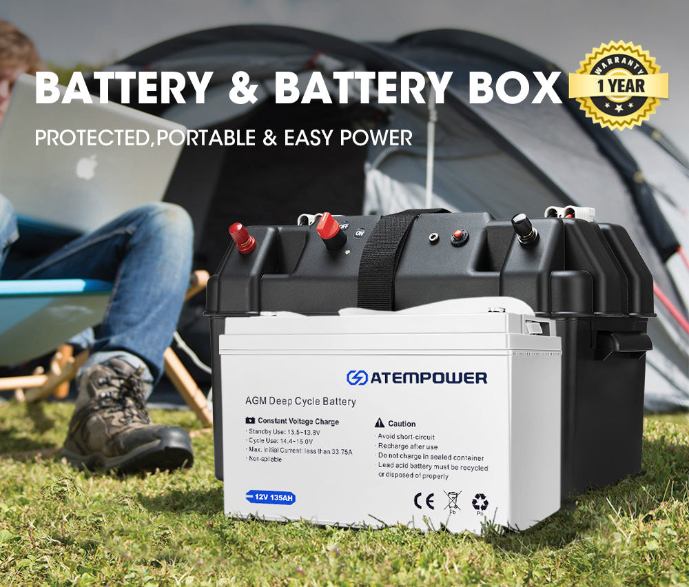 Atem Power 135Ah 12V AGM Deep Cycle Battery Portable + 12V Battery Box Type C