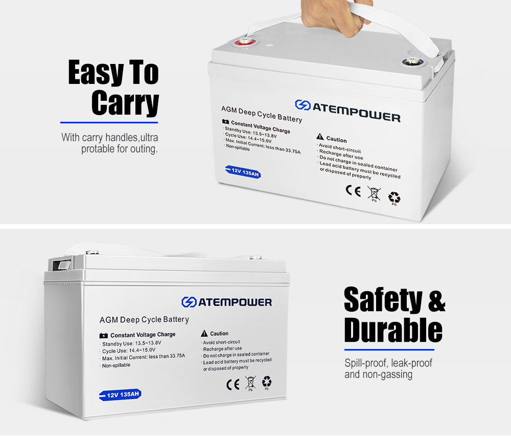 Atem Power 135Ah 12V AGM Deep Cycle Battery Portable + 12V Battery Box Type C