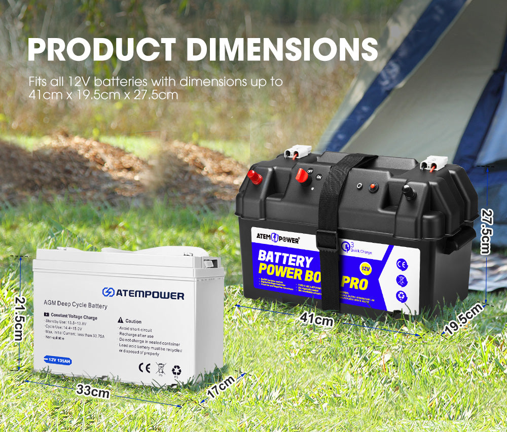 Atem Power 135Ah 12V AGM Deep Cycle Battery Portable + 12V Battery Box Type C