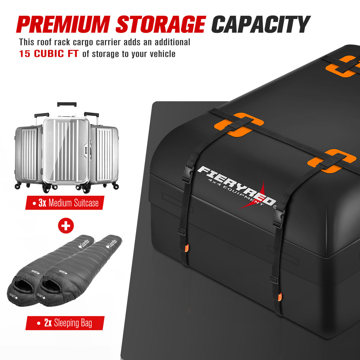 Fieryred Waterproof Car Roof Cargo Bag Luggage Storage 15 Cubic Feet Travel 4WD