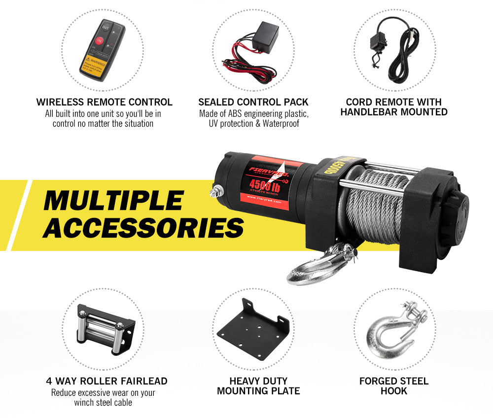 FIERYRED Electric Winch 4500LBS/2045kg 12V Steel Cable Wireless Remotes ATV
