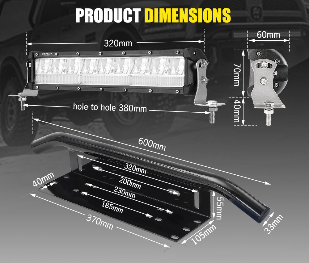 12inch LED Light Bar Dual Row Combo Beam W/ Number Plate Frame