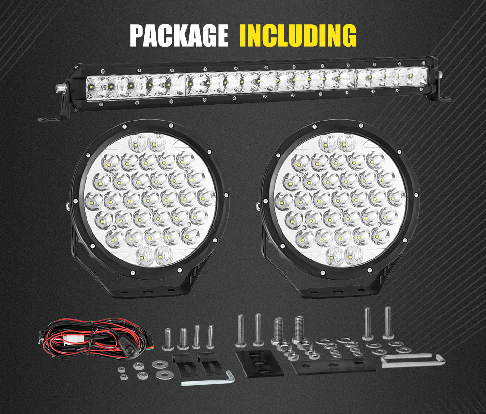 9inch LED Spot Lights Pair + 20inch LED Light Bar Kit Offroad Truck
