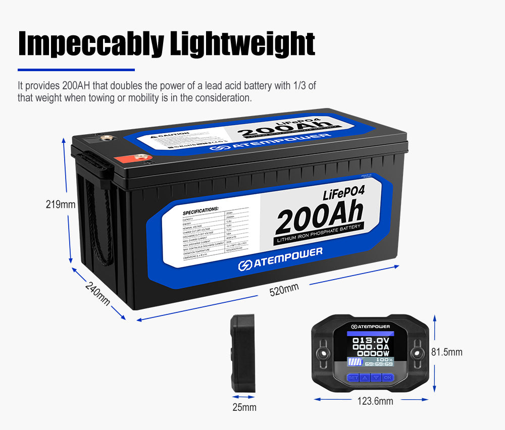 Atem Power 12V 200Ah Lithium Battery LiFePO4 + 200A Battery Monitor w/Shunt