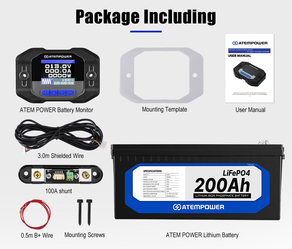 Atem Power 12V 200Ah Lithium Battery LiFePO4 + 200A Battery Monitor w/Shunt