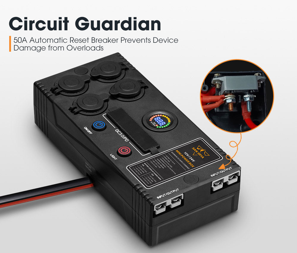 San Hima 12V/24V Mini Power Box Portable Control Hub QC 3.0 Ports W/ Led Light