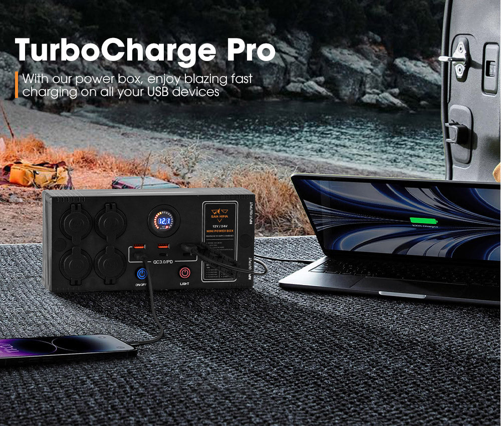 San Hima 12V/24V Mini Power Box Portable Control Hub QC 3.0 Ports W/ Led Light