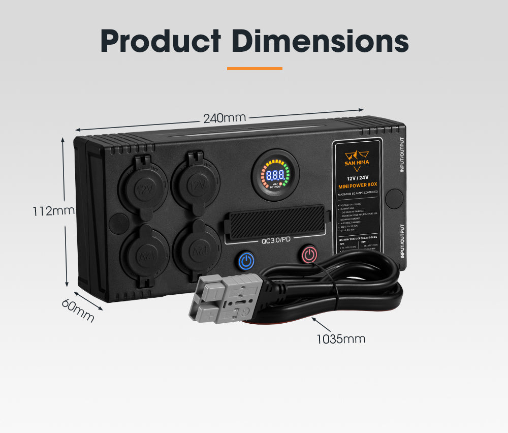 San Hima 12V/24V Mini Power Box Portable Control Hub QC 3.0 Ports W/ Led Light