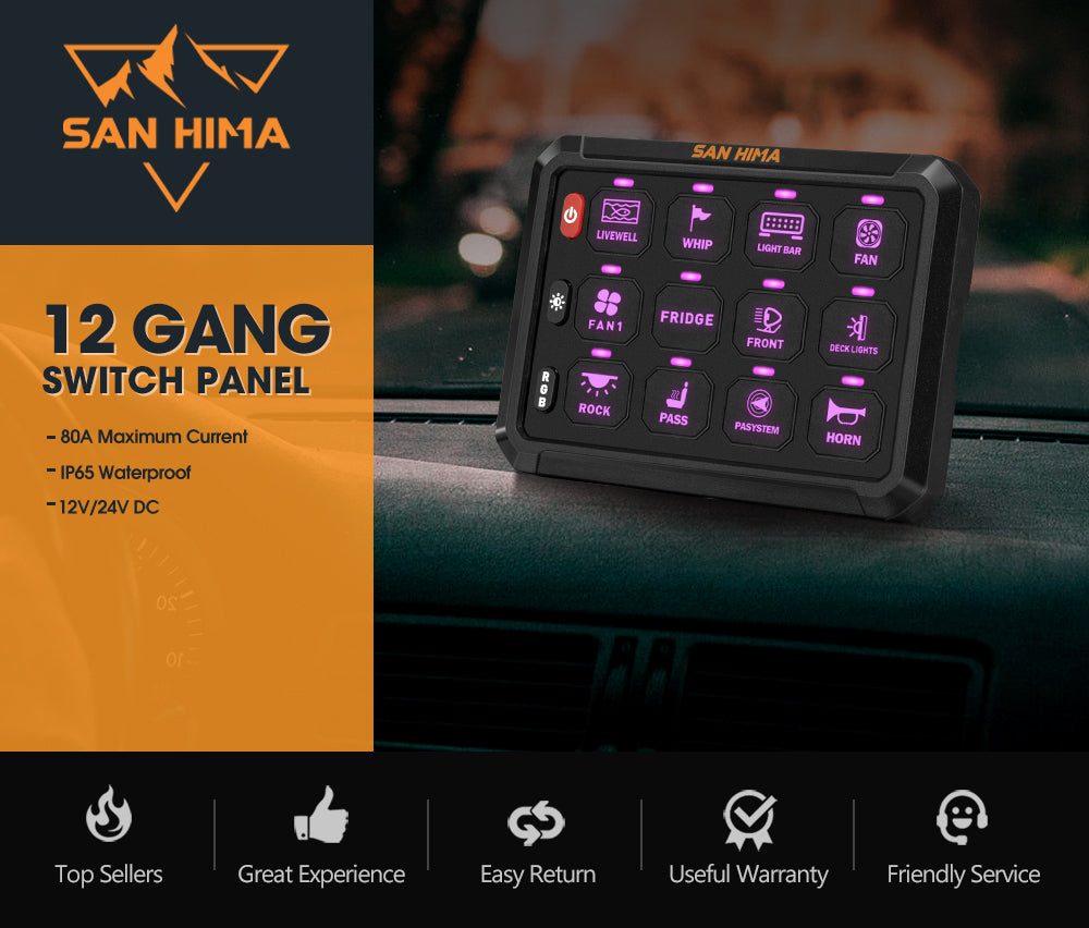 San Hima 12 Gang Bluetooth Switch Panel 12V/24V ON-OFF LED Control For Car Boat