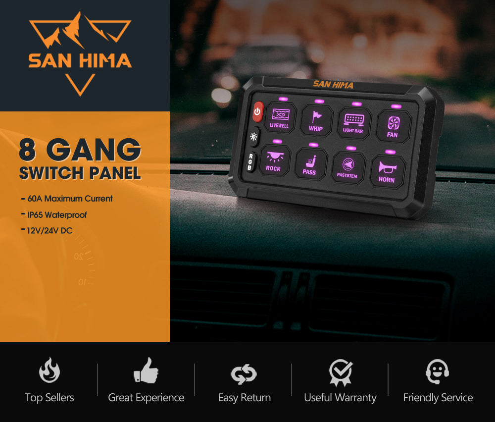 San Hima 8 Gang Bluetooth Switch Panel 12V/24V ON-OFF LED Control For Car Boat