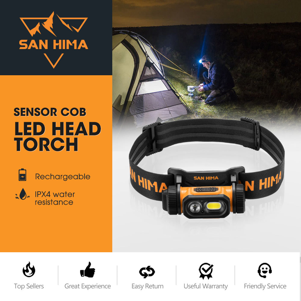 San Hima COB LED Head Torch Headlight Camping Rechargeable Headlamp Waterproof