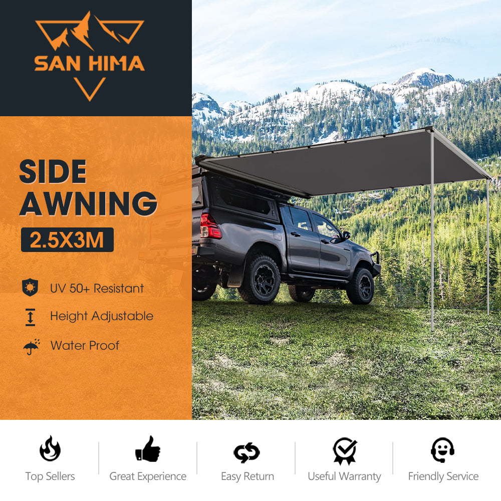 San Hima Car Side Awning 2.5x3m Pull-out Telescoping Poles Waterproof Car Shade