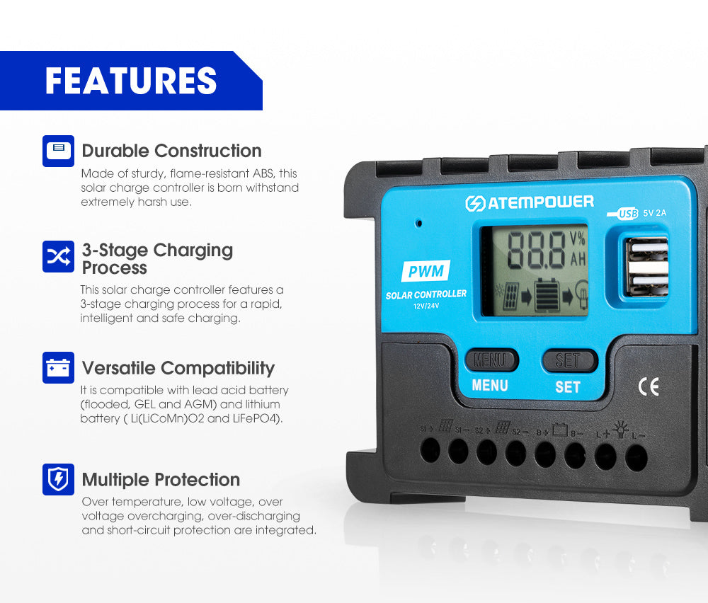 ATEM POWER 20A Solar Charge Controller 12V 24V