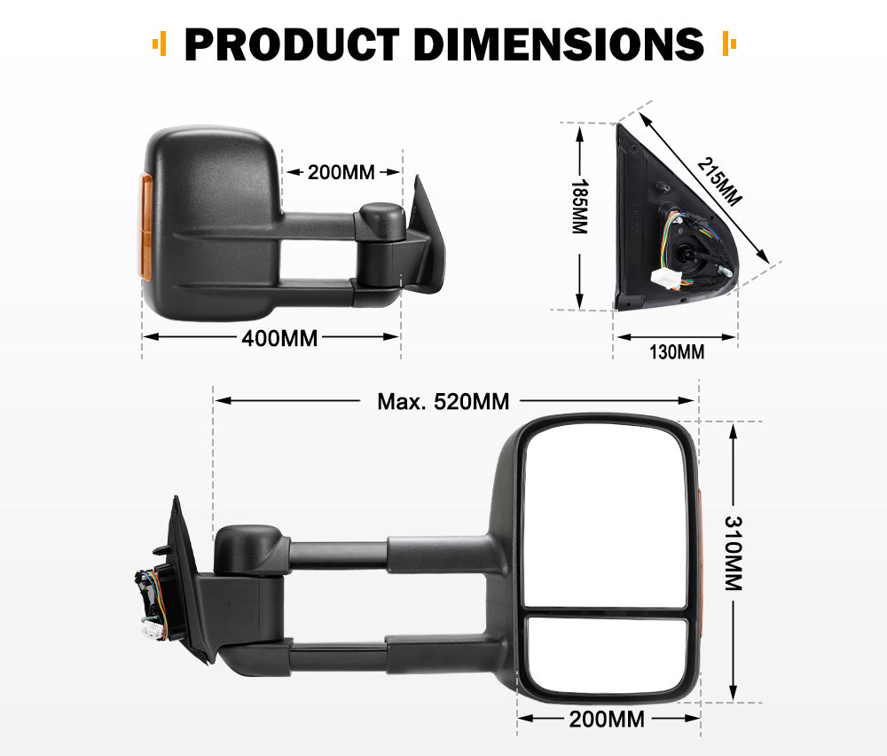 SAN HIMA Extendable Towing Mirrors Pair for Nissan Navara D23 NP300 2015-On Black