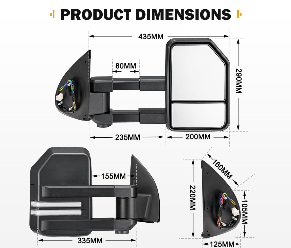 SAN HIMA Pair Extendable Towing Mirrors for Toyota HILUX 2005-2015 Black