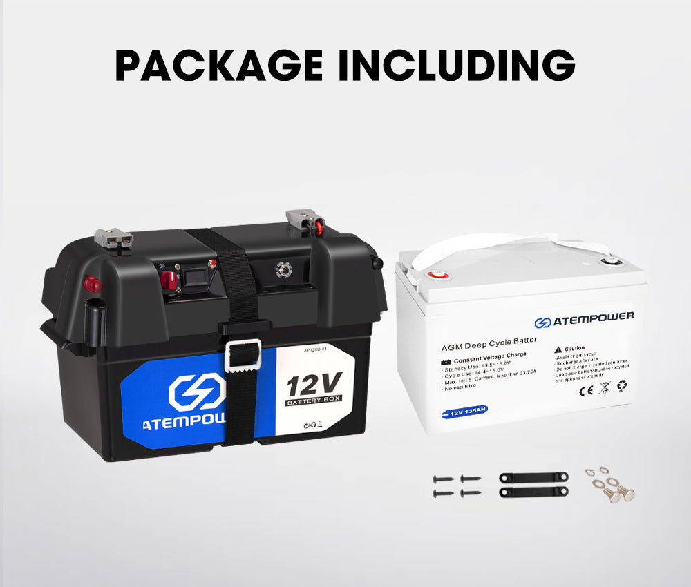 ATEM POWER 12V 135Ah AGM Deep Cycle Battery Portable Sealed Marine SLA Camping + Battery Box