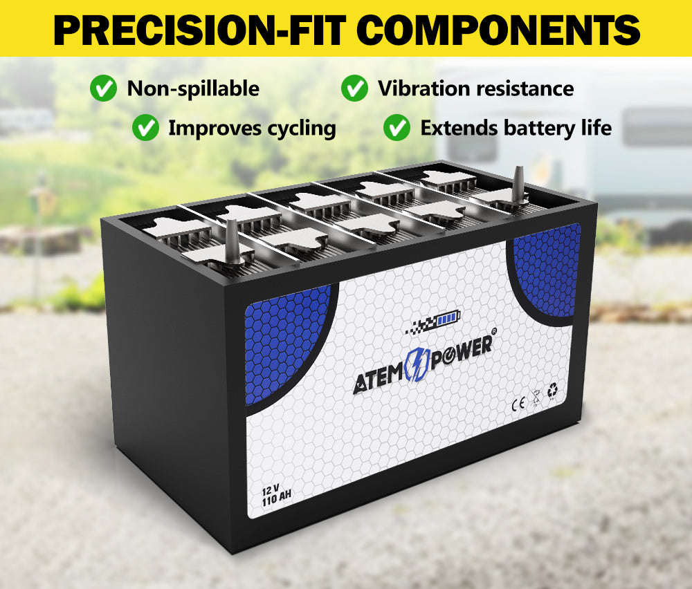 ATEM POWER 110AH 12V AGM Battery AMP Hour SLA Deep Cycle Dual Fridge with Battery Box