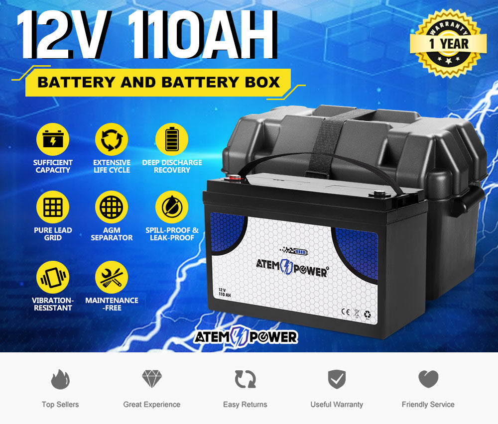 ATEM POWER 110AH AGM Battery 12V AMP Hour SLA Deep Cycle Dual Fridge with Battery Box