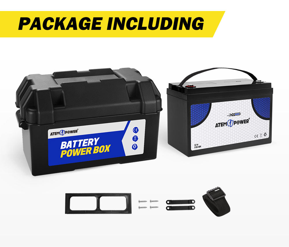 ATEM POWER 110AH AGM Battery 12V AMP Hour SLA Deep Cycle Dual Fridge with Battery Box