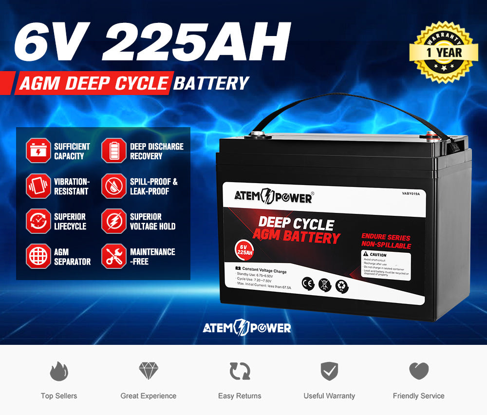 ATEM POWER 225AH 6V AGM Deep Cycle Battery Golf Cart Buggy Camping Scooter Solar Battery