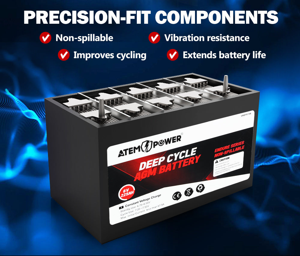 ATEM POWER 225AH 6V AGM Deep Cycle Battery Golf Cart Buggy Camping Scooter Solar Battery