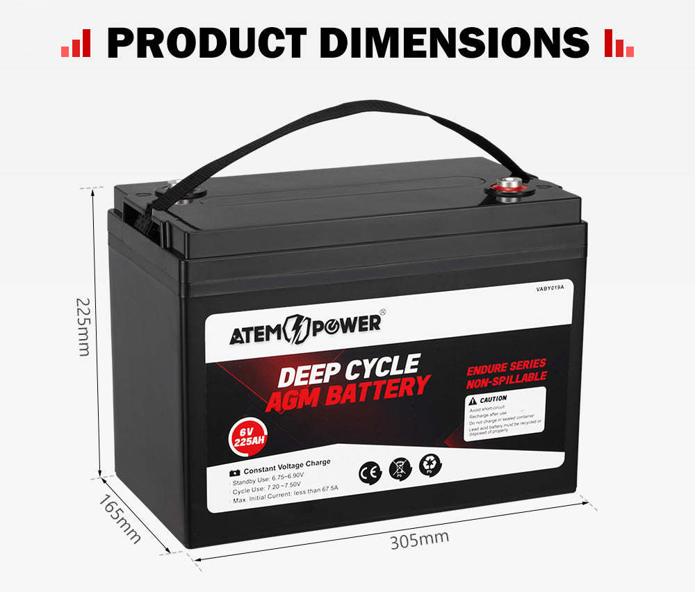 ATEM POWER 225AH 6V AGM Deep Cycle Battery Golf Cart Buggy Camping Scooter Solar Battery