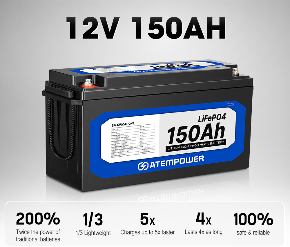 ATEM POWER 12V 150Ah Lithium Battery LiFePO4 Phosphate Deep Cycle Rechargeable Replace AGM