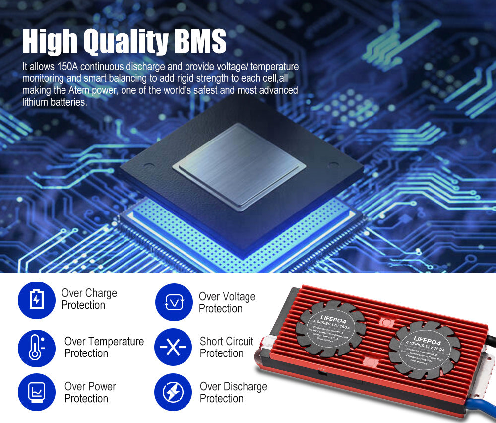 ATEM POWER 12V 150Ah Lithium Battery LiFePO4 Phosphate Deep Cycle Rechargeable Replace AGM