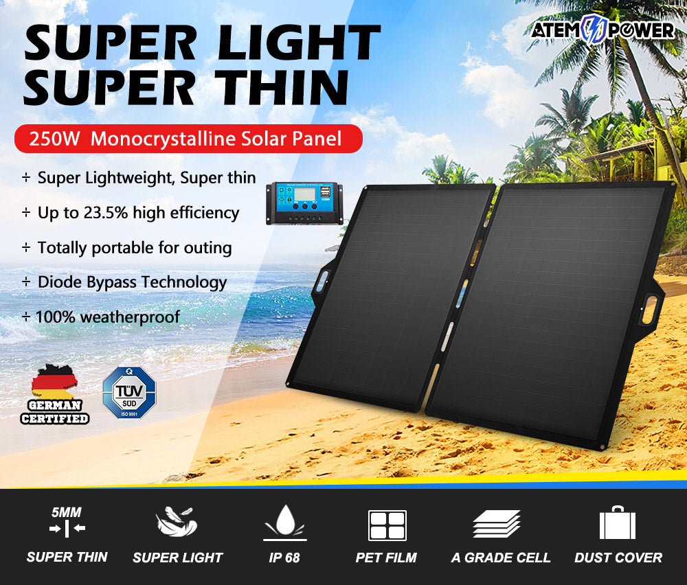 ATEM POWER 12V 250W Folding Solar Panel Blanket Kit 12V Battery Charging Regulator