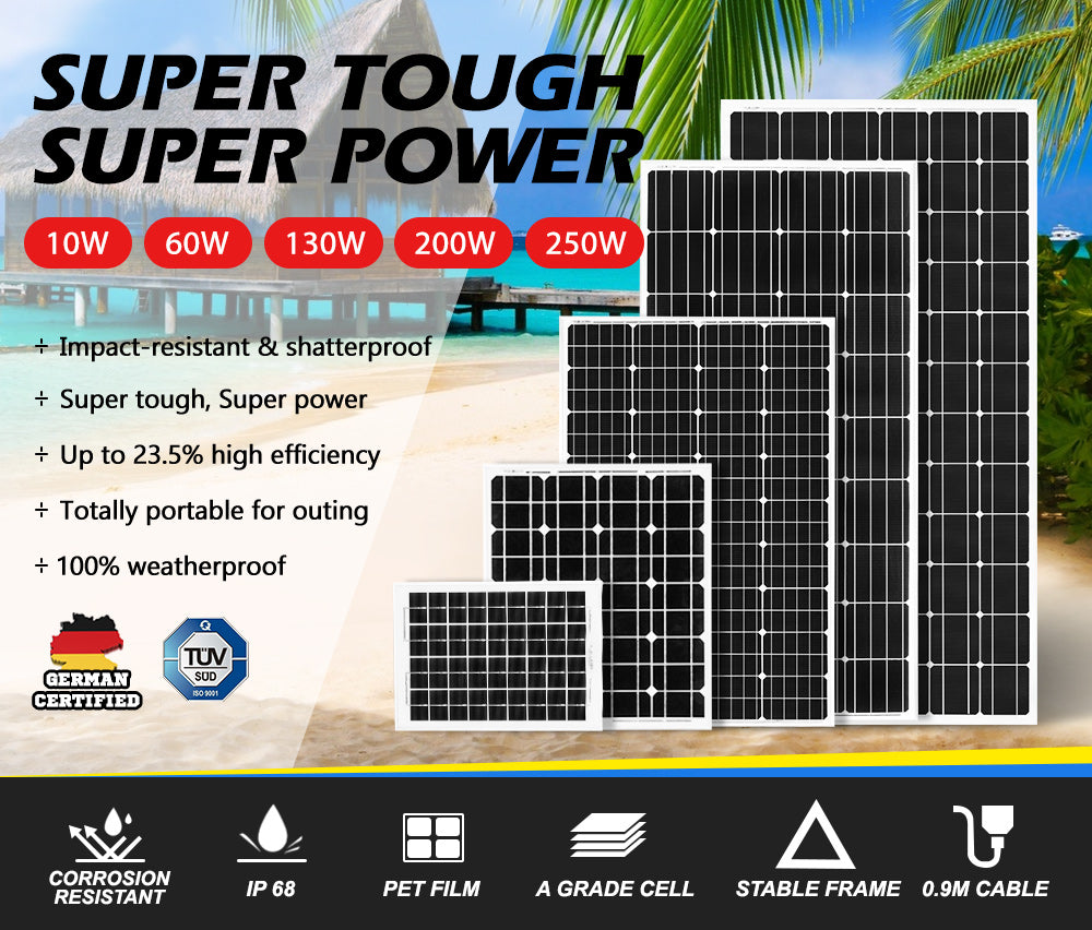 250W 200W 130W 60W 10W Solar Panel Kit Mono 12V Caravan Battery Home Charging