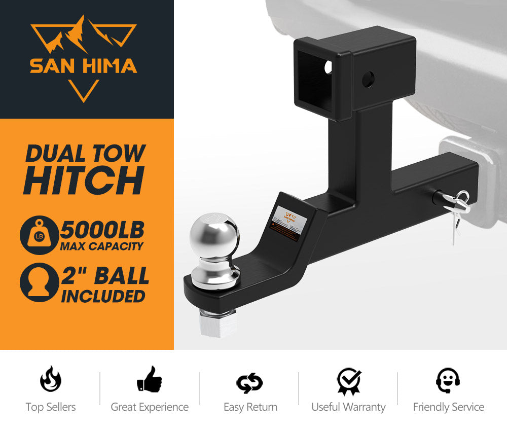 SAN HIMA Dual Hitch Ball Mount Tongue Multi Use 2" Tow Bar Trailer Camper Bike Rack 4WD