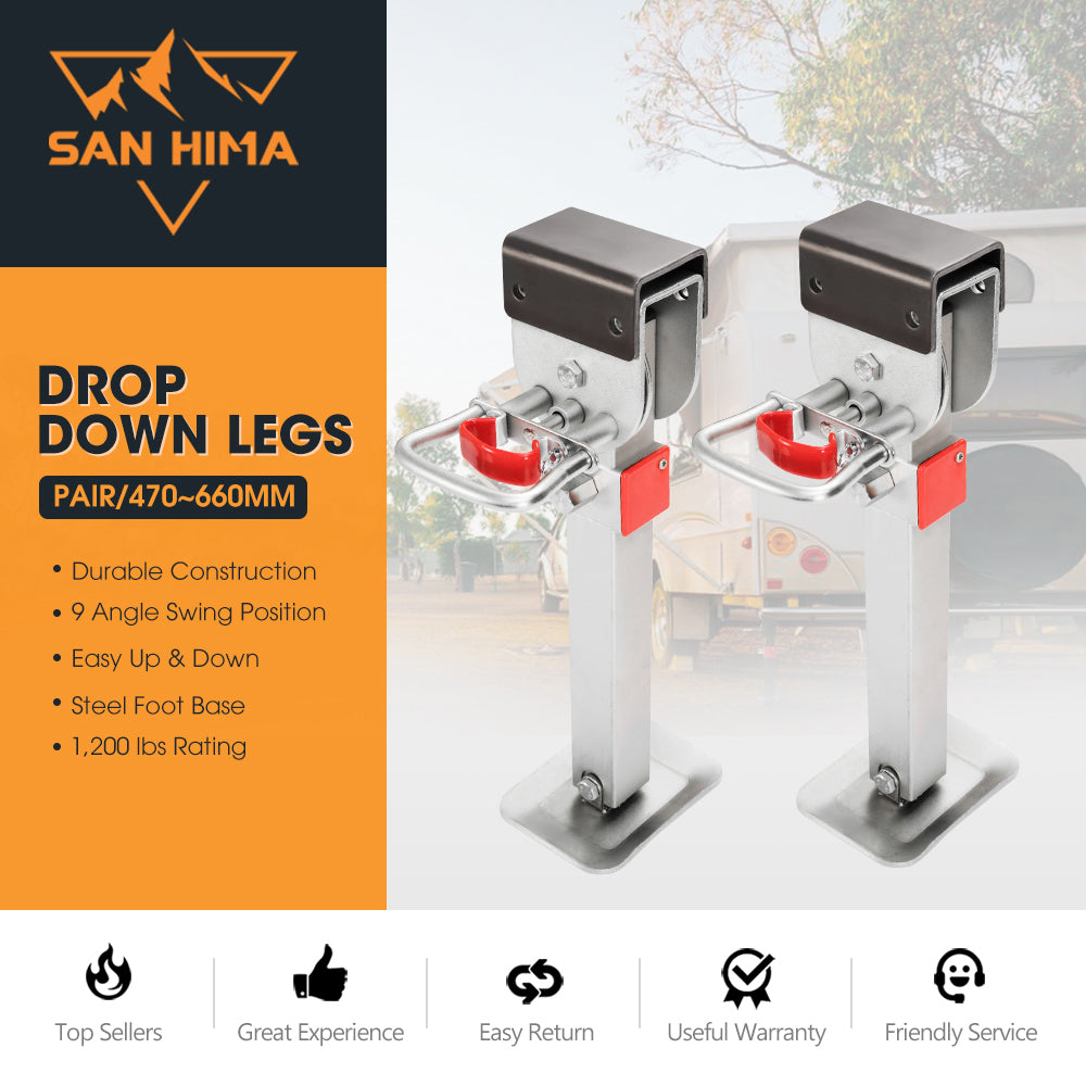 SAN HIMA 2x 470mm Drop Down Corner Legs Steadies & Handle Steel Foot Caravan Trailer