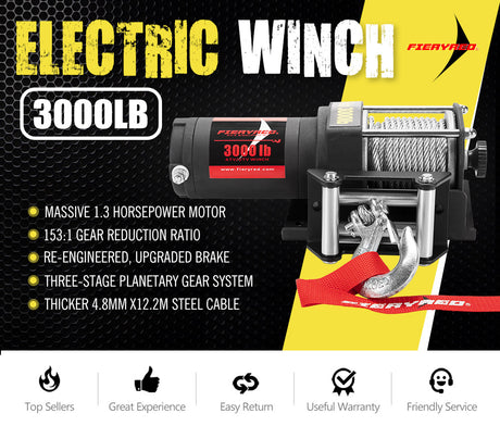 FIERYRED 3000LBS/1361kg Electric Winch Car Steel Cable 12V Wireless Remote 4WD