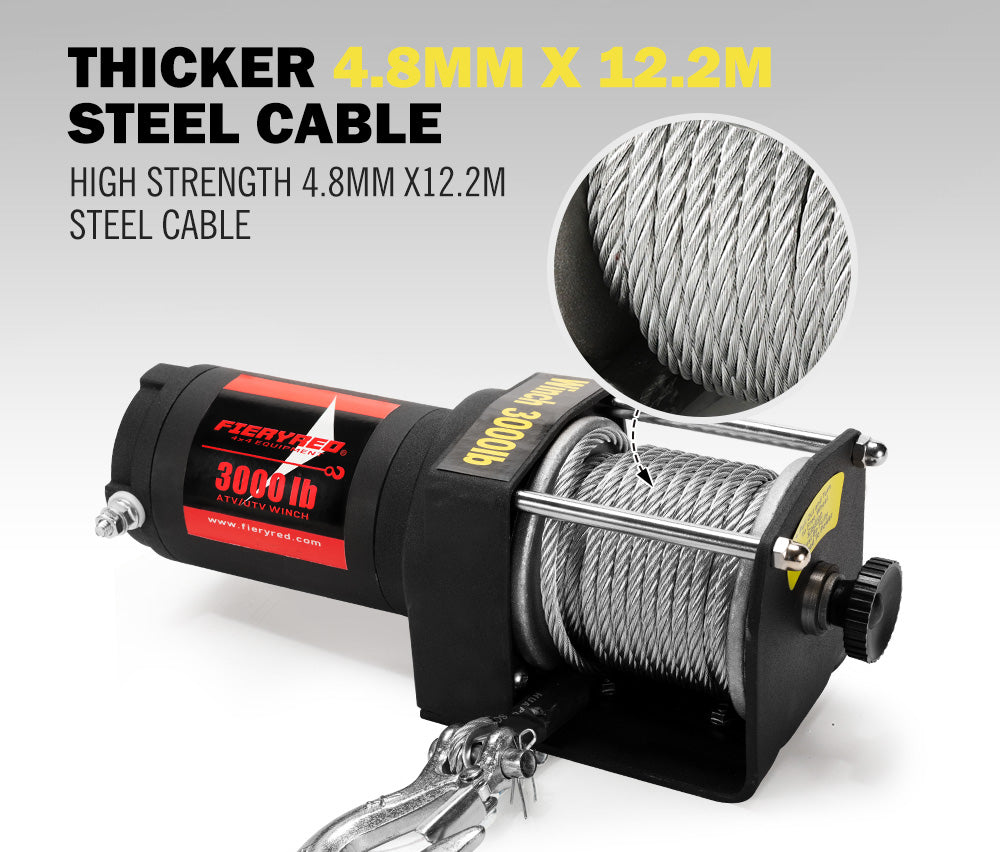 FIERYRED 3000LBS/1361kg Electric Winch Car Steel Cable 12V Wireless Remote 4WD