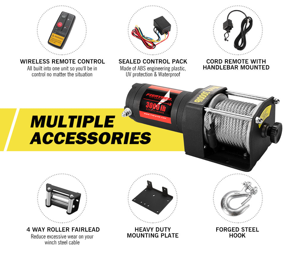 FIERYRED 3000LBS/1361kg Electric Winch Car Steel Cable 12V Wireless Remote 4WD