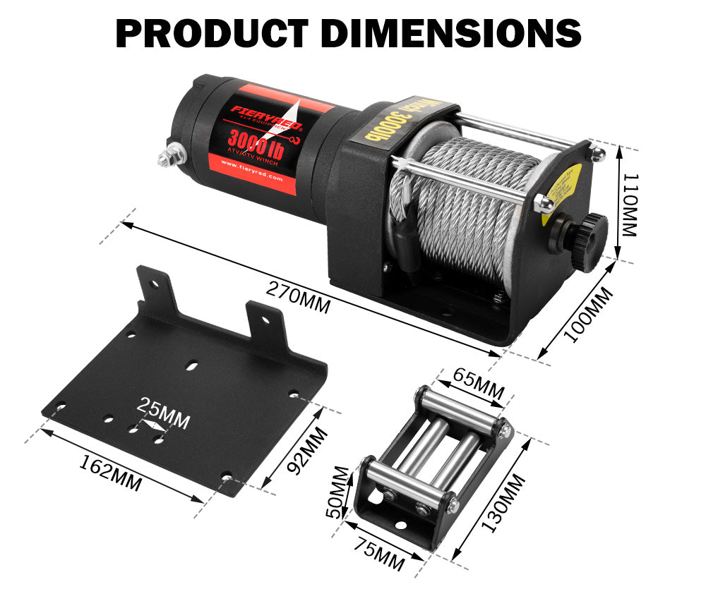 FIERYRED 3000LBS/1361kg Electric Winch Car Steel Cable 12V Wireless Remote 4WD
