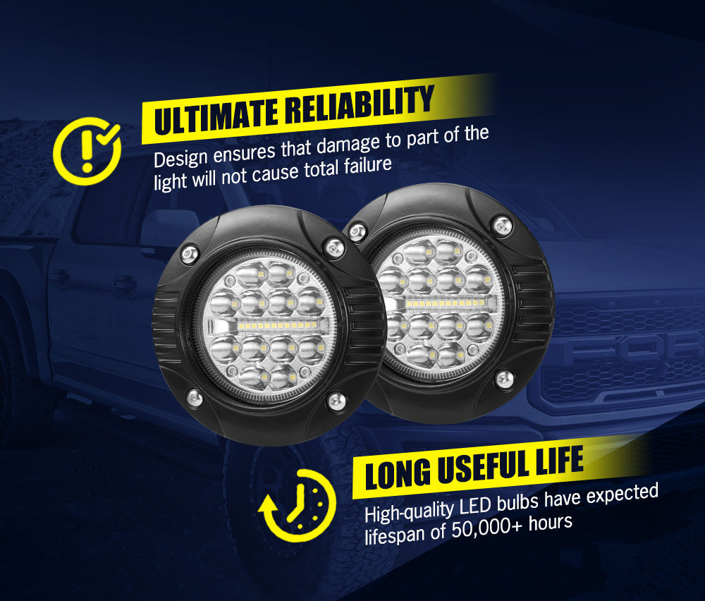 LIGHTFOX 2x 5inch Flush Mount LED Work Light Bar Combo Reverse Round Fog Lamp 4WD