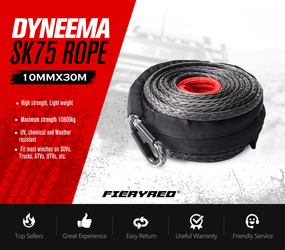 Fieryred 10MM x 30M Synthetic Winch Rope Dyneema SK75 Tow Recovery Rope Offroad 4WD