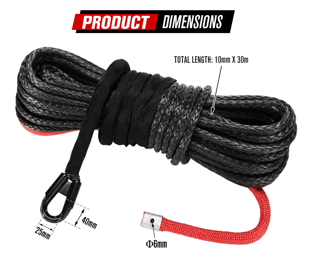 Fieryred 10MM x 30M Synthetic Winch Rope Dyneema SK75 Tow Recovery Rope Offroad 4WD