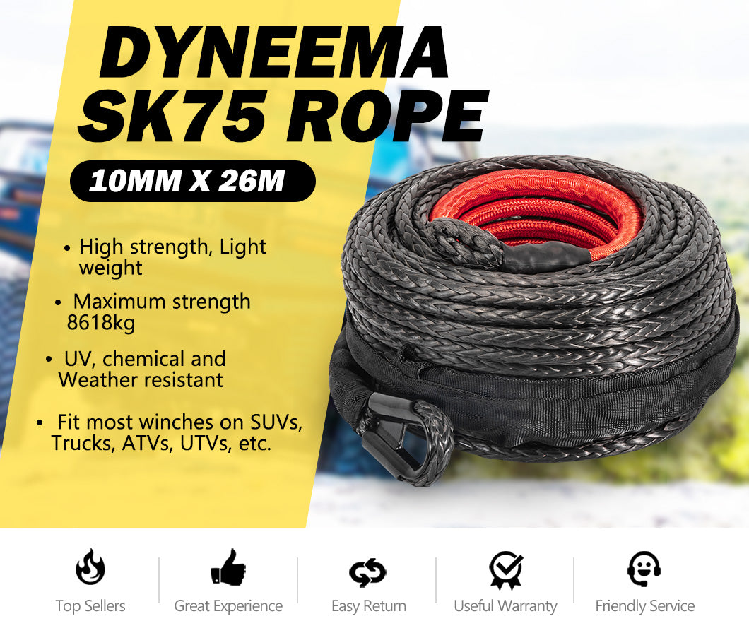 FIERYRED Winch Rope 10MM x 26M Synthetic Dyneema SK75 for WARN Winch Black 4WD